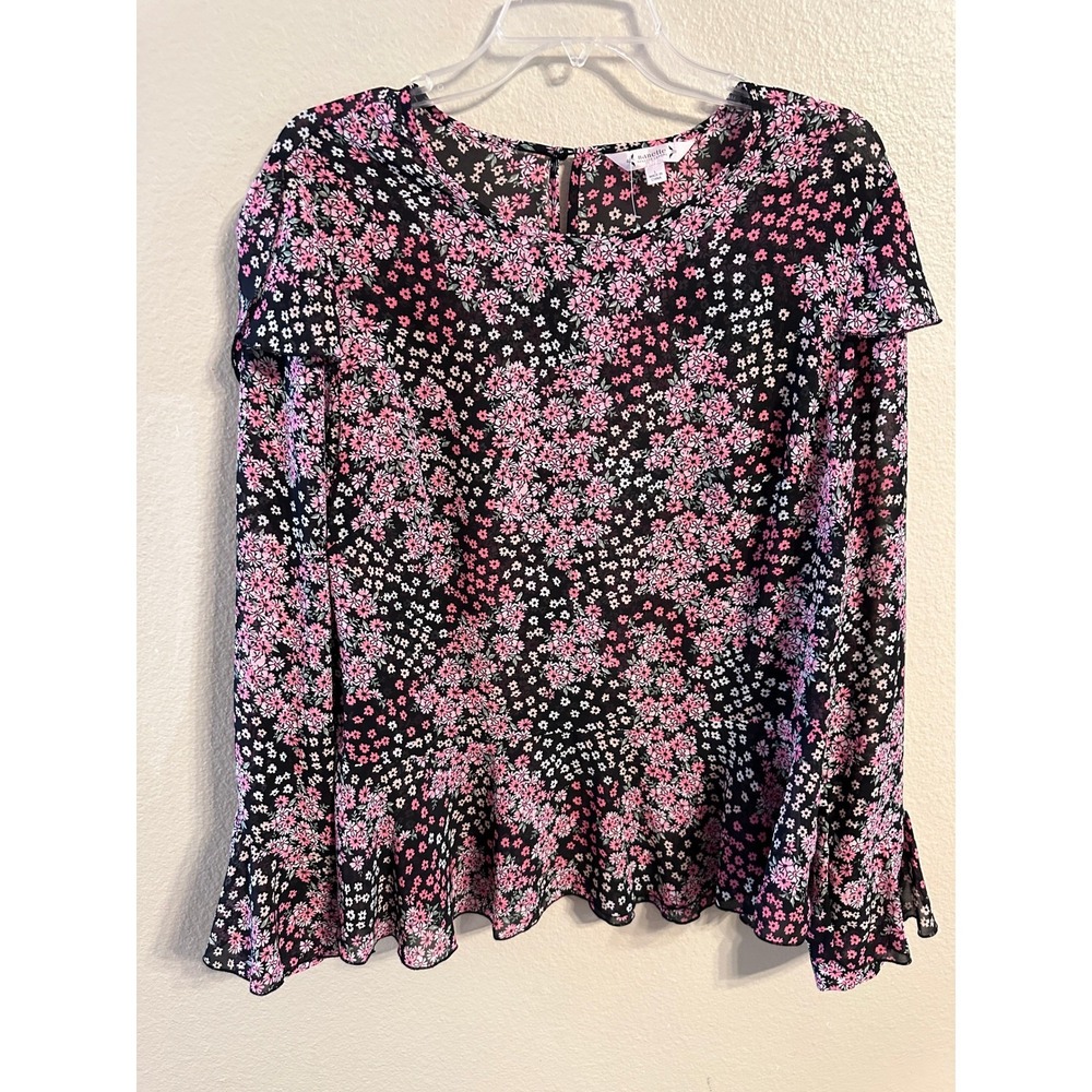 Nanette‎ Lepore Black Floral Print Ruffle Blouse Women's Size L
